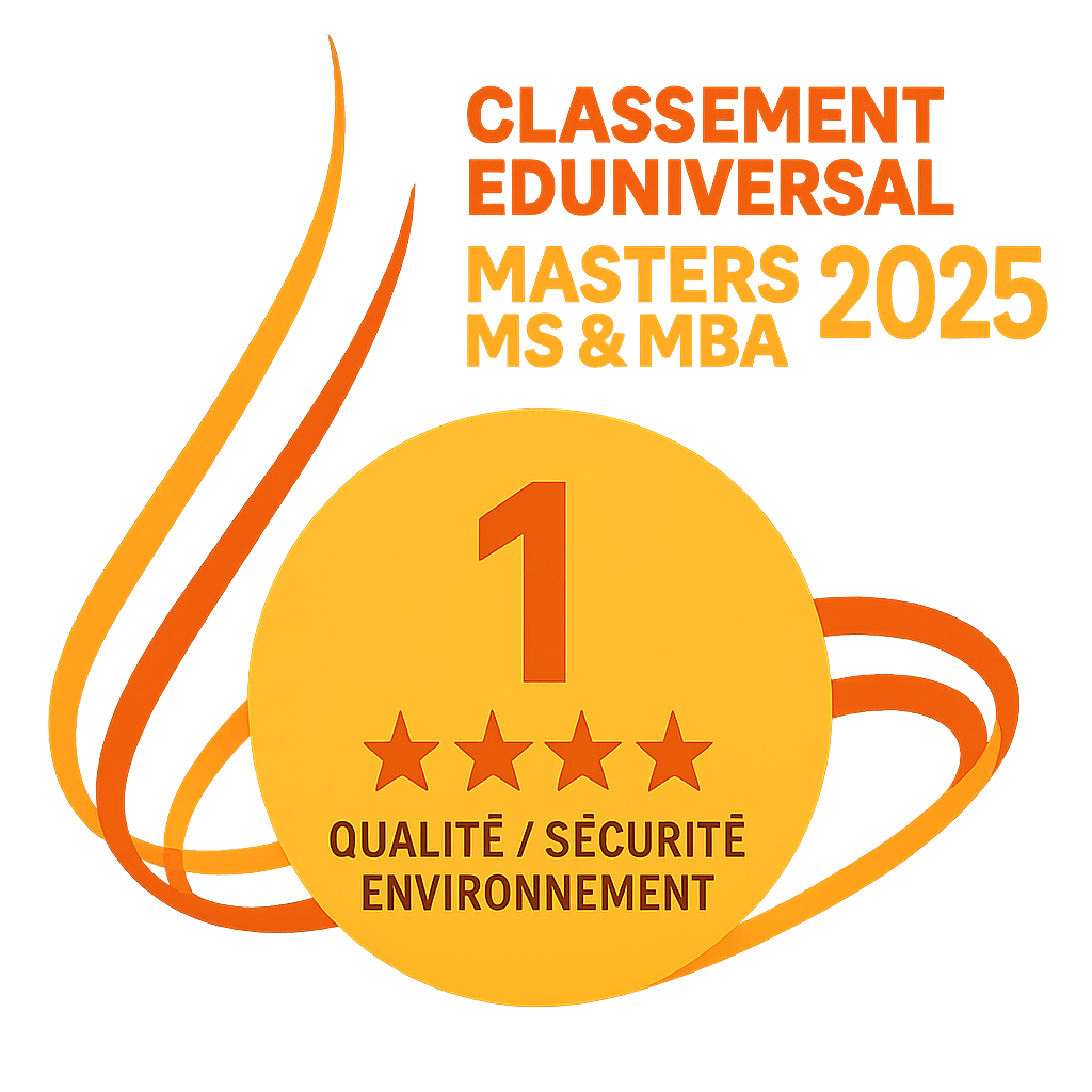 Logo du classement Eduniversal 2025 plaçant le Mastère Manager QSE de TASQ-OM en tête de la catégorie Qualité Sécurité Environnement.