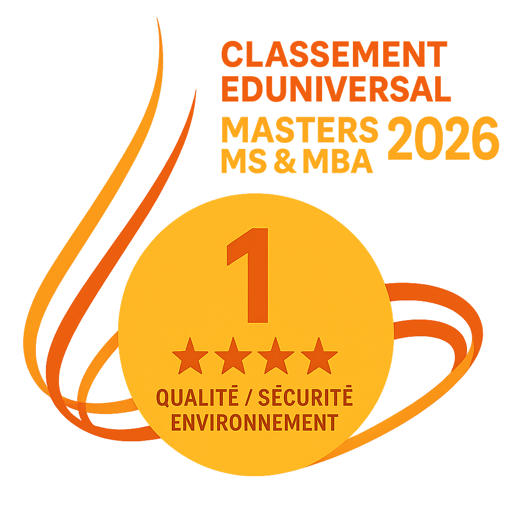 Logo du classement Eduniversal 2026 plaçant le Mastère Manager QSE de TASQ-OM en tête de la catégorie Qualité Sécurité Environnement.