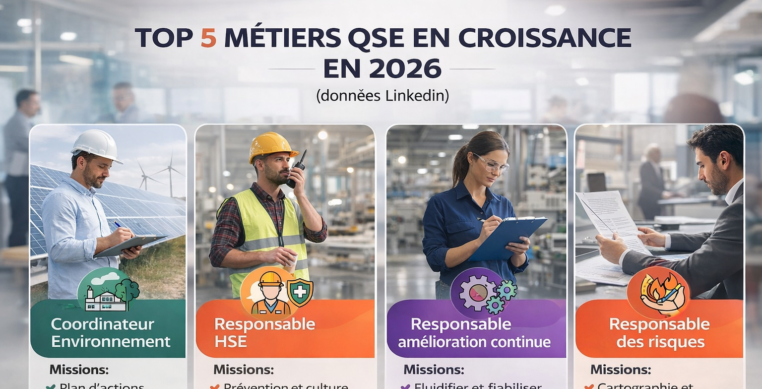 Infographie des métiers QSE en croissance 2026 : coordinateur environnement, responsable HSE, responsable qualité, amélioration continue et gestion des risques